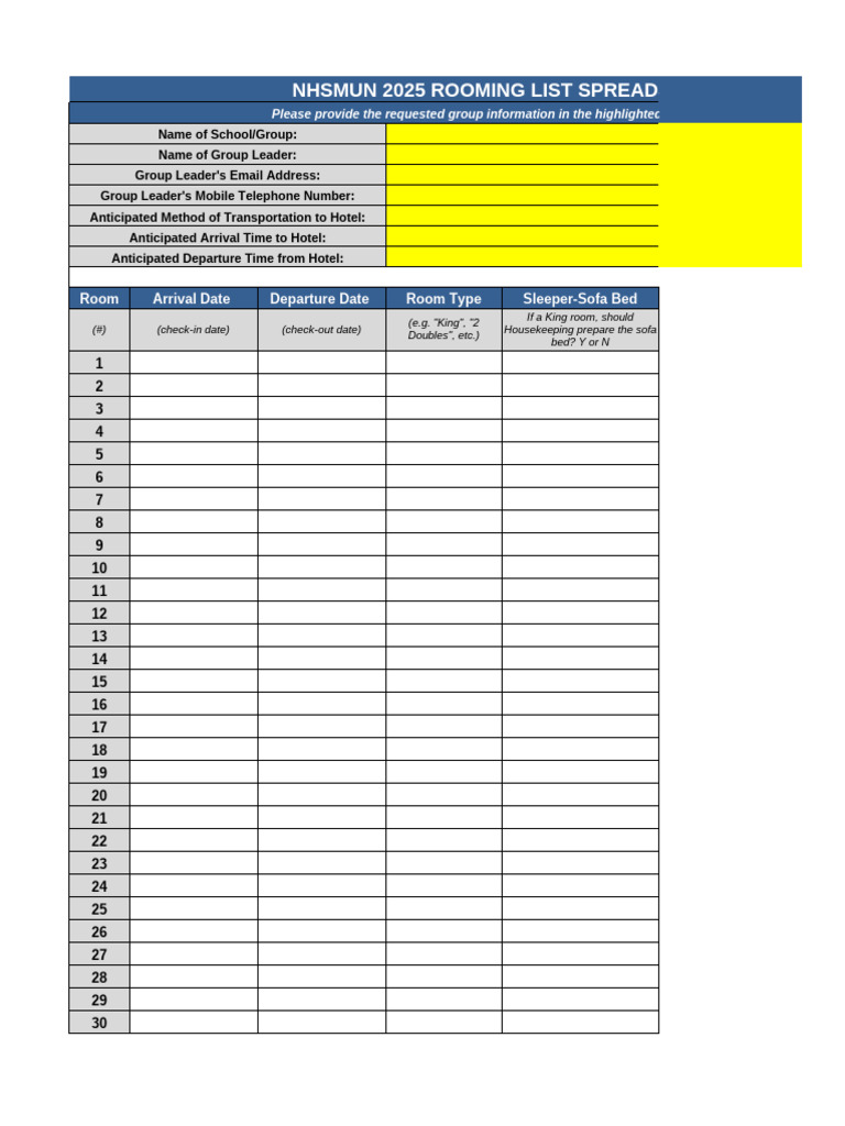 NHSMUN 2025 Rooming List Template | PDF