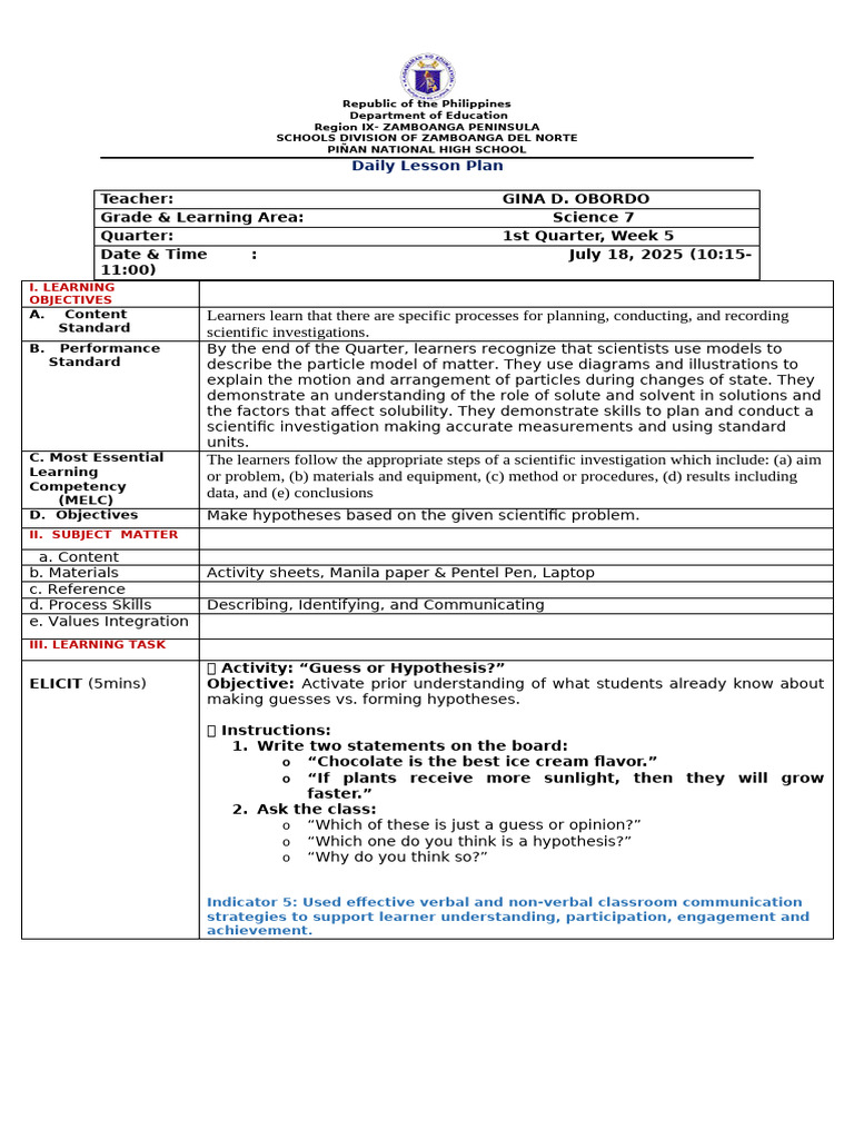 Science 7 Daily Lesson Plan: Hypothesis | PDF | Learning | Hypothesis