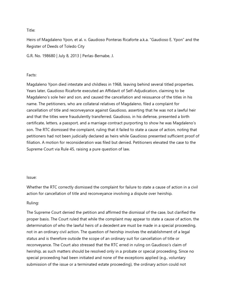 Heirship Dispute: Ypon vs. Ricaforte Case | PDF