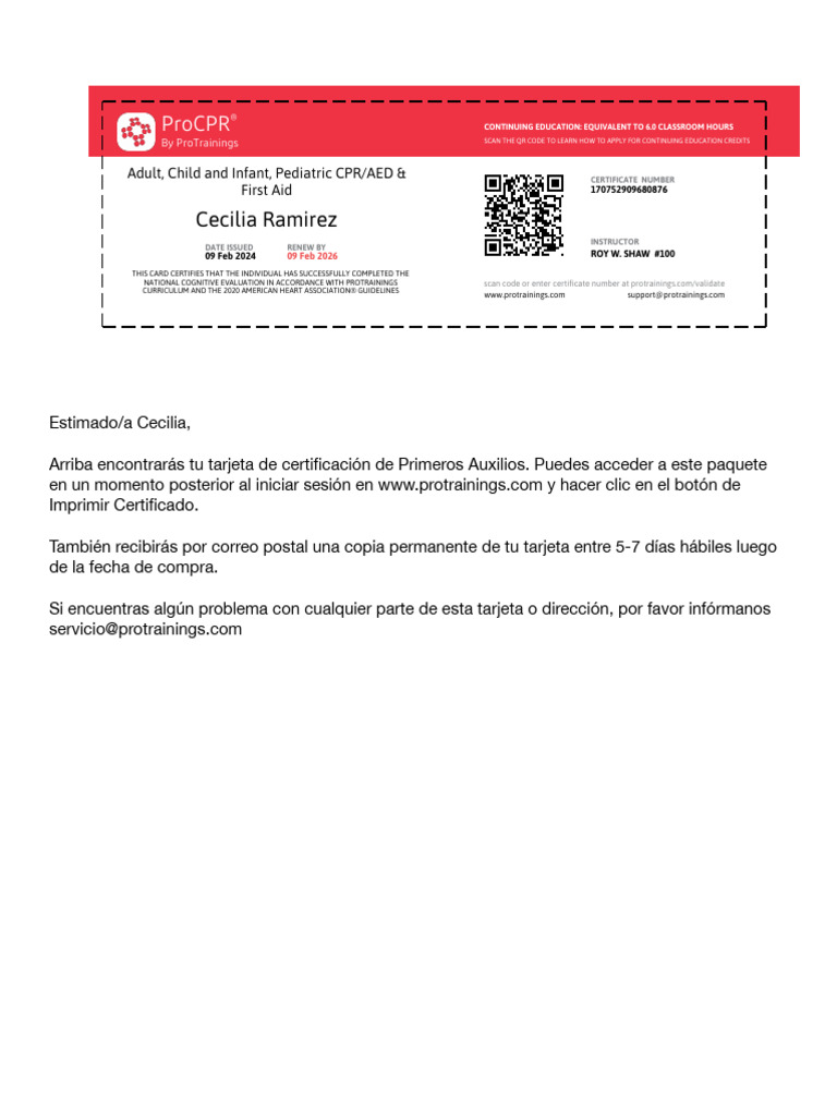 Certificación ProCPR®: Primeros Auxilios | PDF