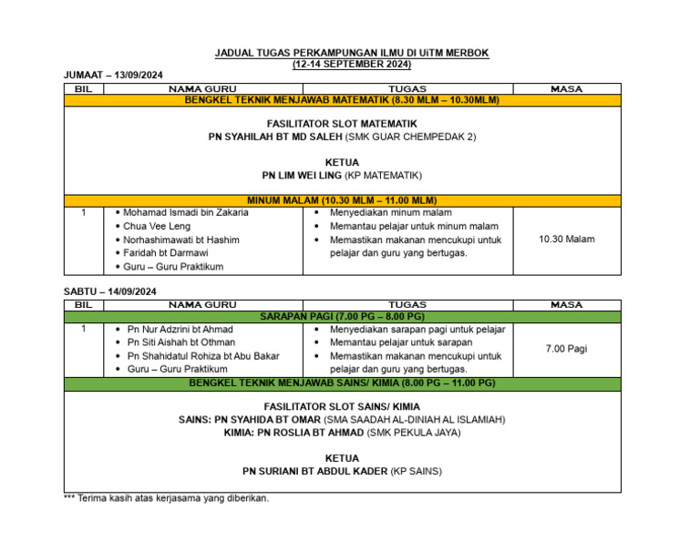 Jadual Tugas Perkampungan Ilmu Di Uitm Merbok | PDF
