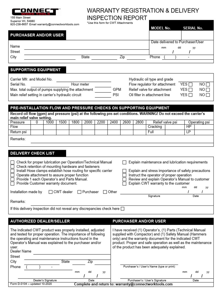 CWT Warranty Registration Form | PDF | Hydraulics | Gas Technologies