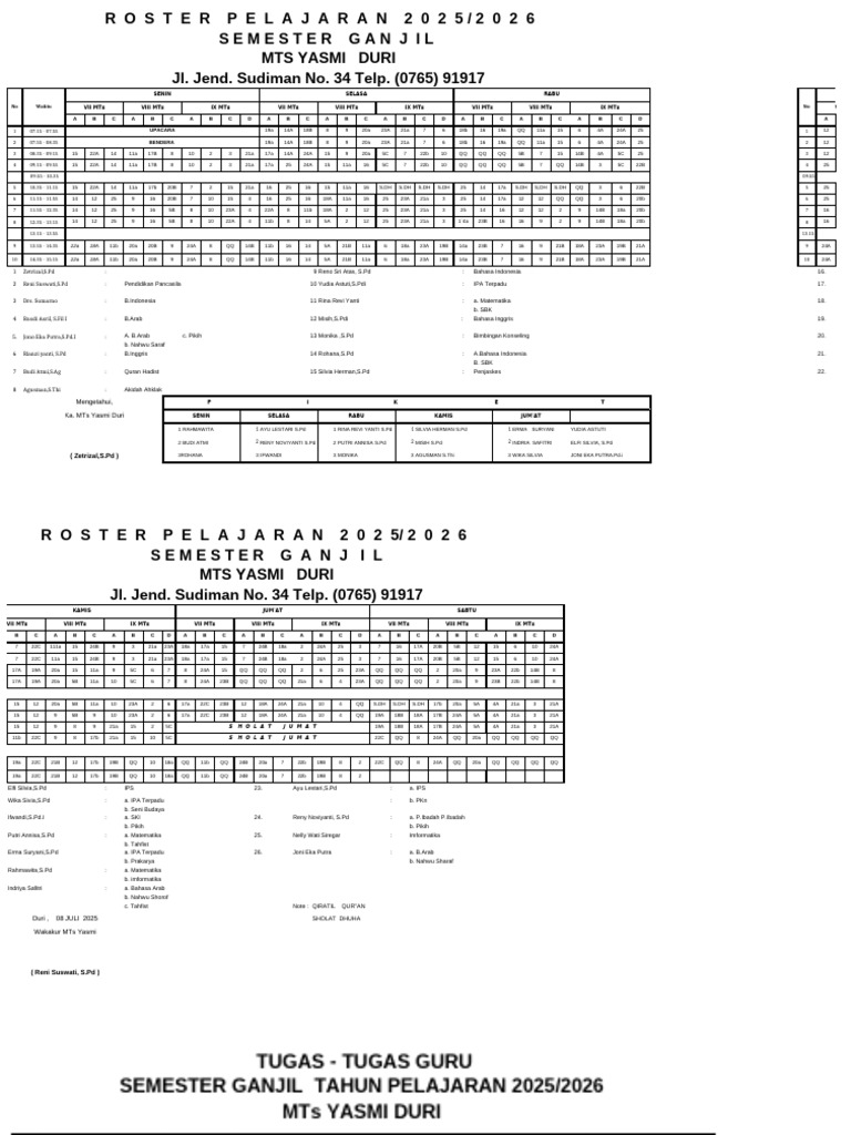 Roster Pembelajaran MTs Yasmi 2025/2026 | PDF