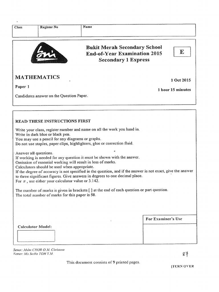 Math Sec1 Sa2 2015 Bukit Merah Sec | PDF