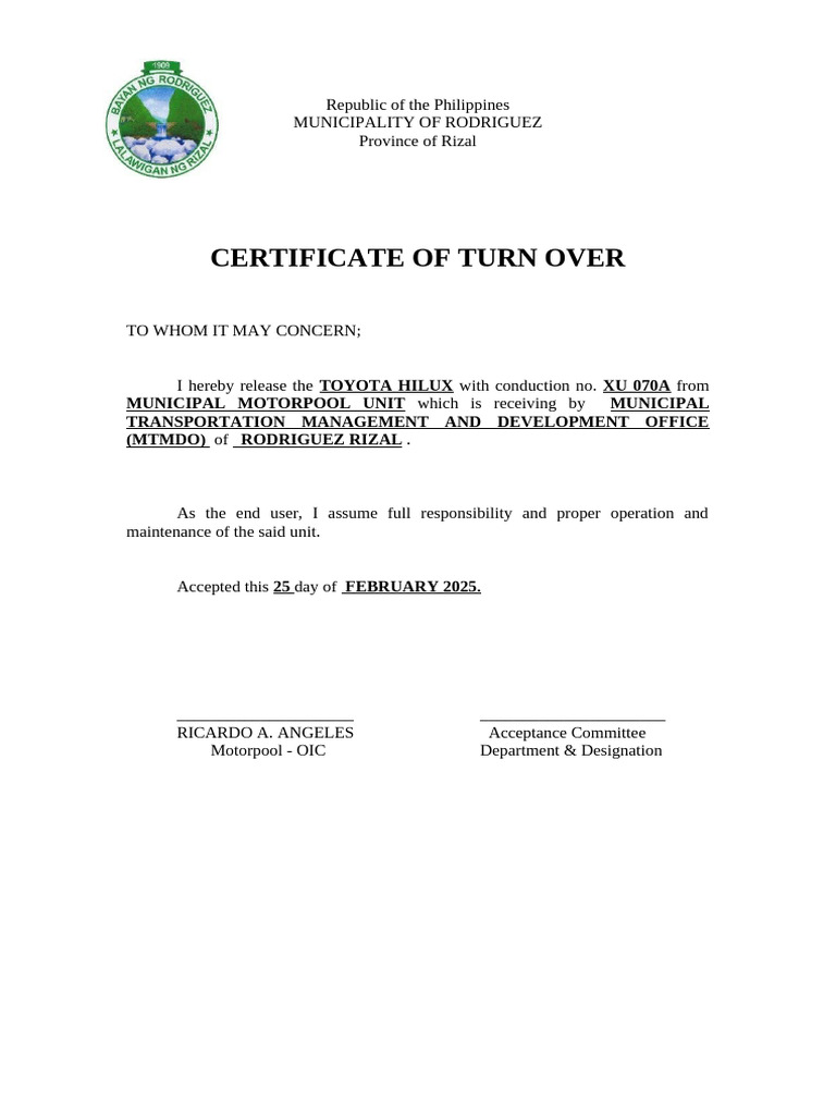 Certificate of Turn Over for Toyota Hilux | PDF