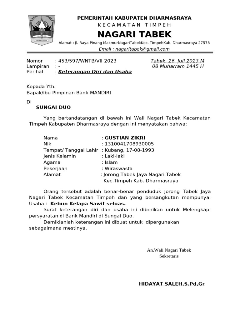 Surat Keterangan Usaha Nagari Tabek | PDF