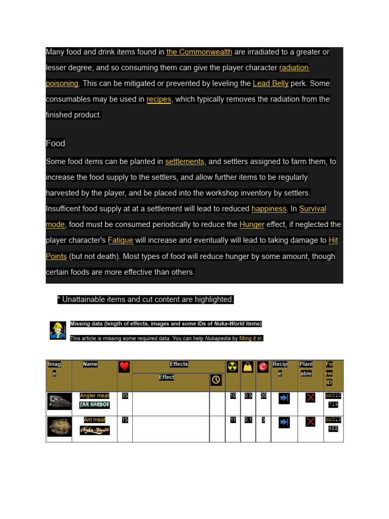 Fallout 4: Guide to Consumable Foods | PDF | Foods