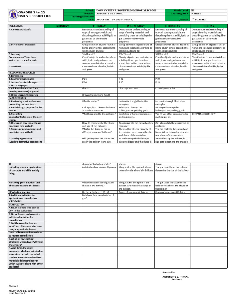 Grade 3 Science Daily Lesson Log | PDF | Gases | Balloon