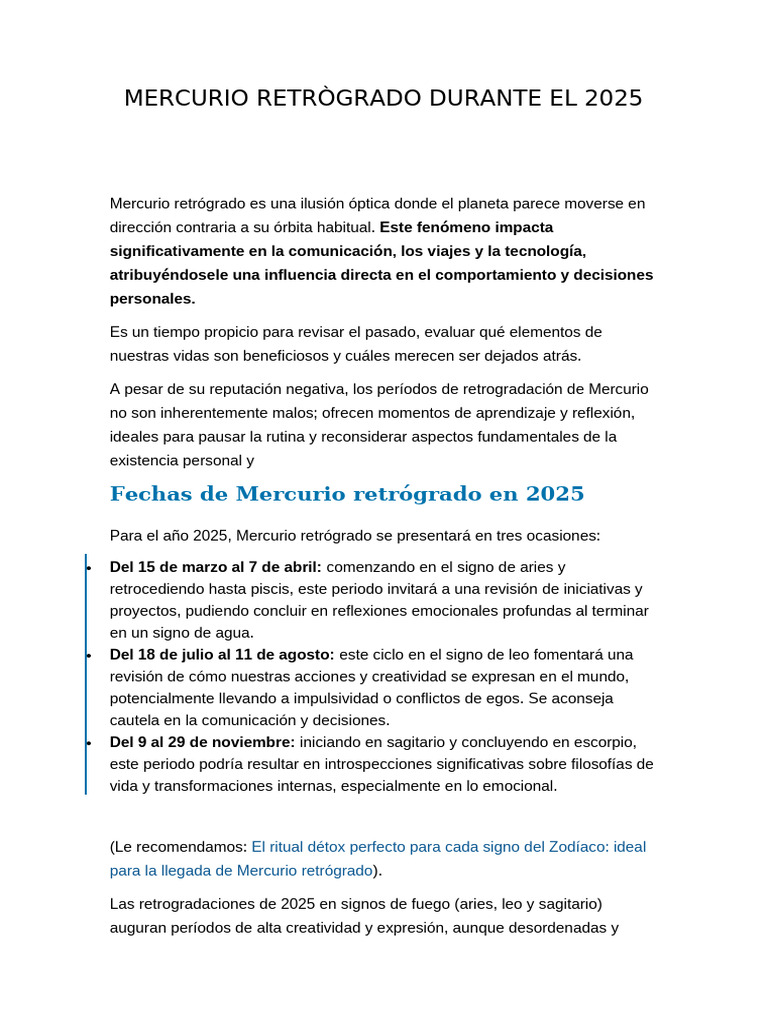 Fechas de Mercurio Retrógrado 2025 | PDF | Planeta mercurio)