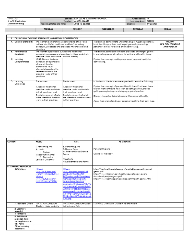 MAPEH Daily Lesson Log for Grade IV | PDF | Curriculum | Hygiene