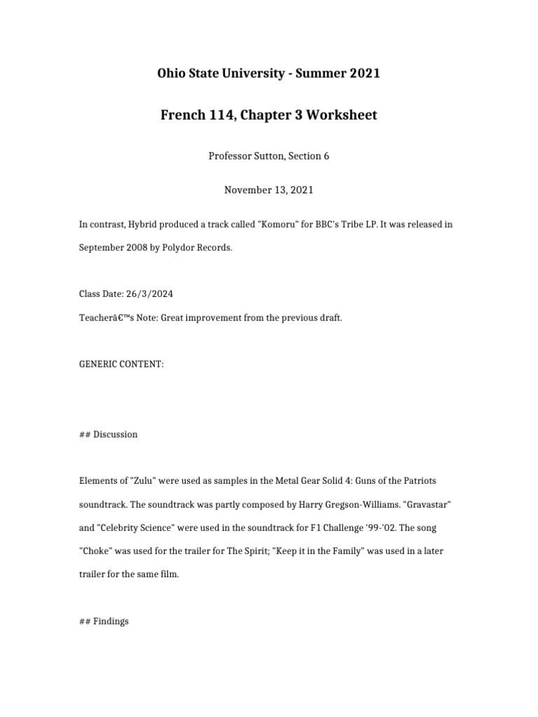 French 114 Chapter 3 Worksheet | PDF
