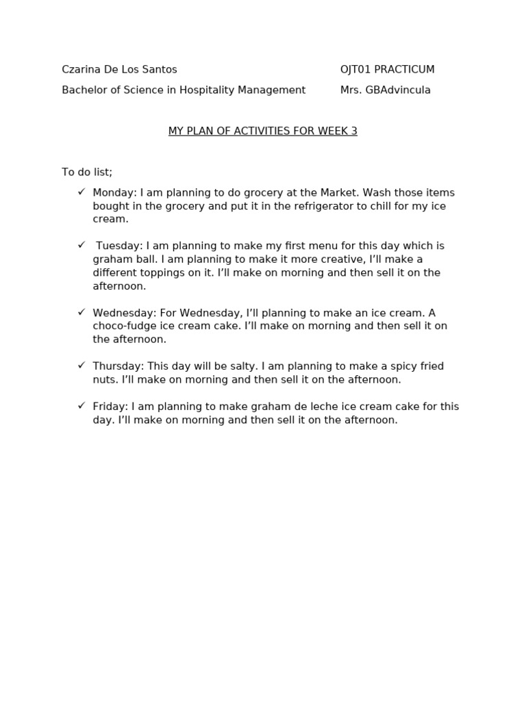Week 3 Activity Plan for Hospitality Students | PDF
