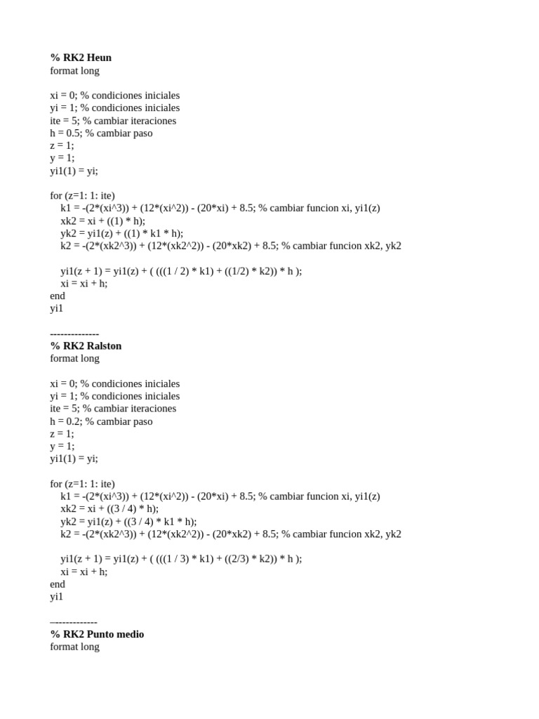 Métodos RK2, RK3 y RK4 en MATLAB | PDF