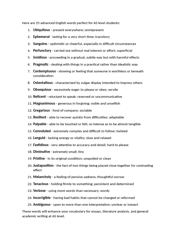 25 Advanced English Words for AS Level | PDF