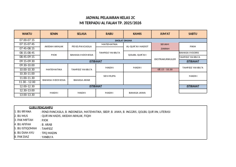 Jadwal Kelas 2C 2025-2026 | PDF
