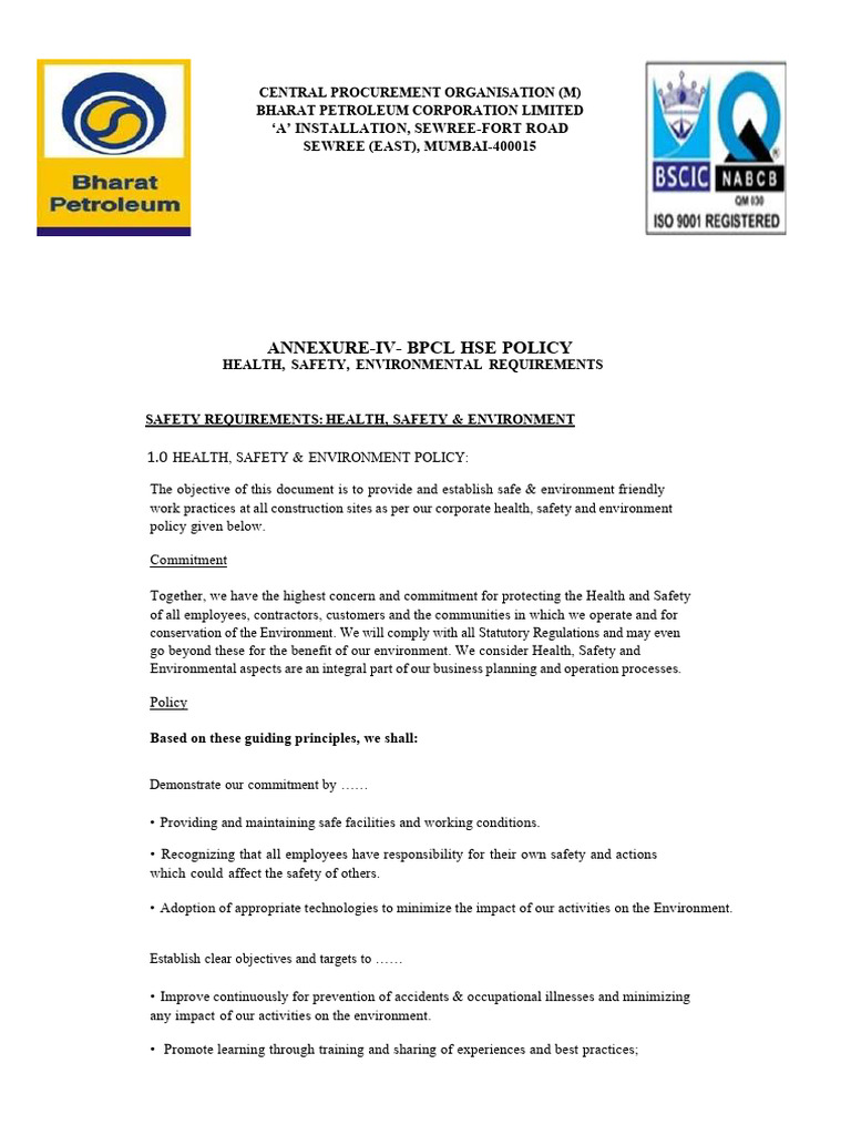 BPCL Health, Safety, and Environmental Policy | PDF | Scaffolding | Safety