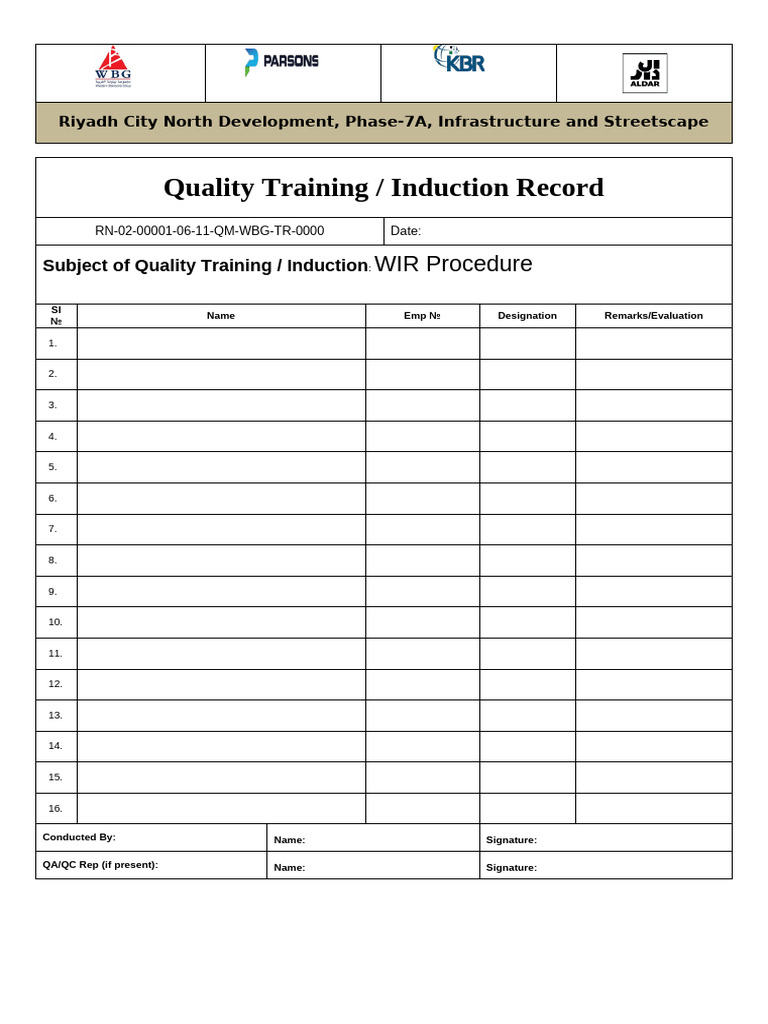 WBG Quality Training and Meetings Record | PDF
