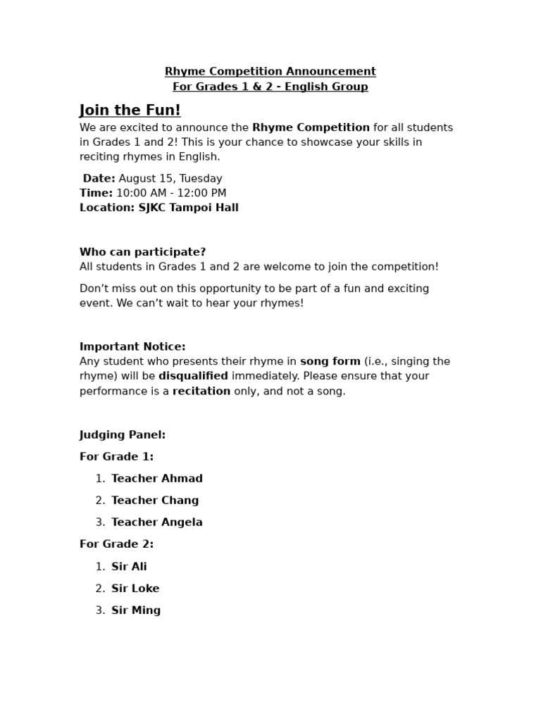 Rhyme Competition for Grades 1 & 2 | PDF
