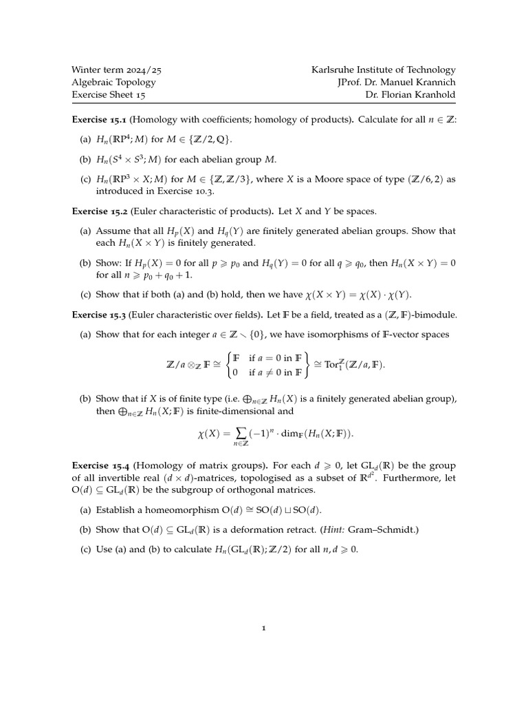 Algebraic Topology Exercise Sheet 15 | PDF | Field (Mathematics ...