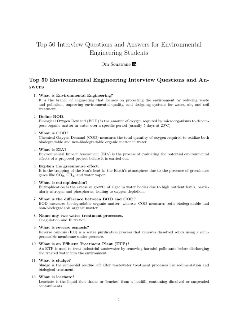 Top 50 Environmental Engineering Q&A | PDF | Sewage Treatment | Sewage