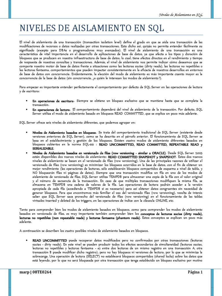 Niveles de Aislamiento en SQL Server | PDF | Servidor SQL de Microsoft ...