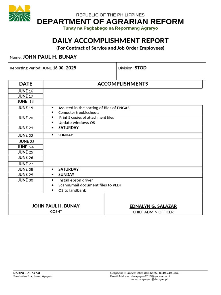 Daily Accomplishment Report - DAR Philippines | PDF