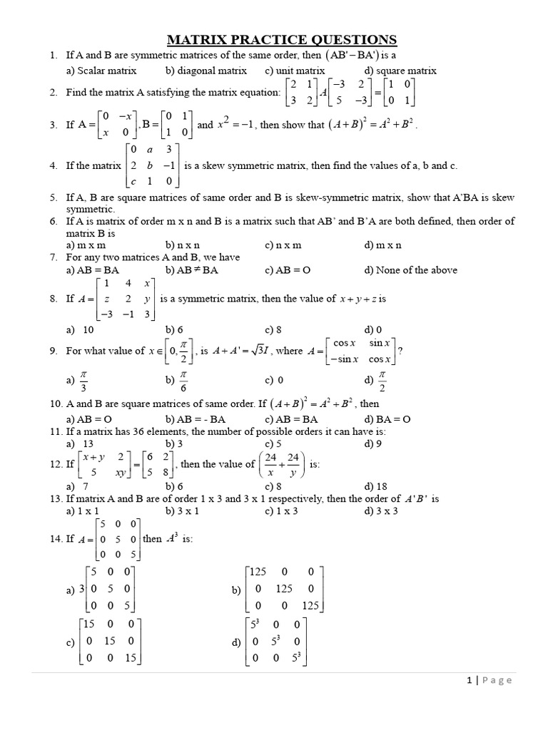 Matrix Practice Questions Schhol Print | PDF | Matrix (Mathematics ...