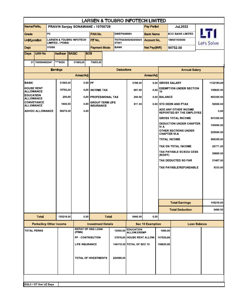 LNT Pay Slip For July 2022 | PDF