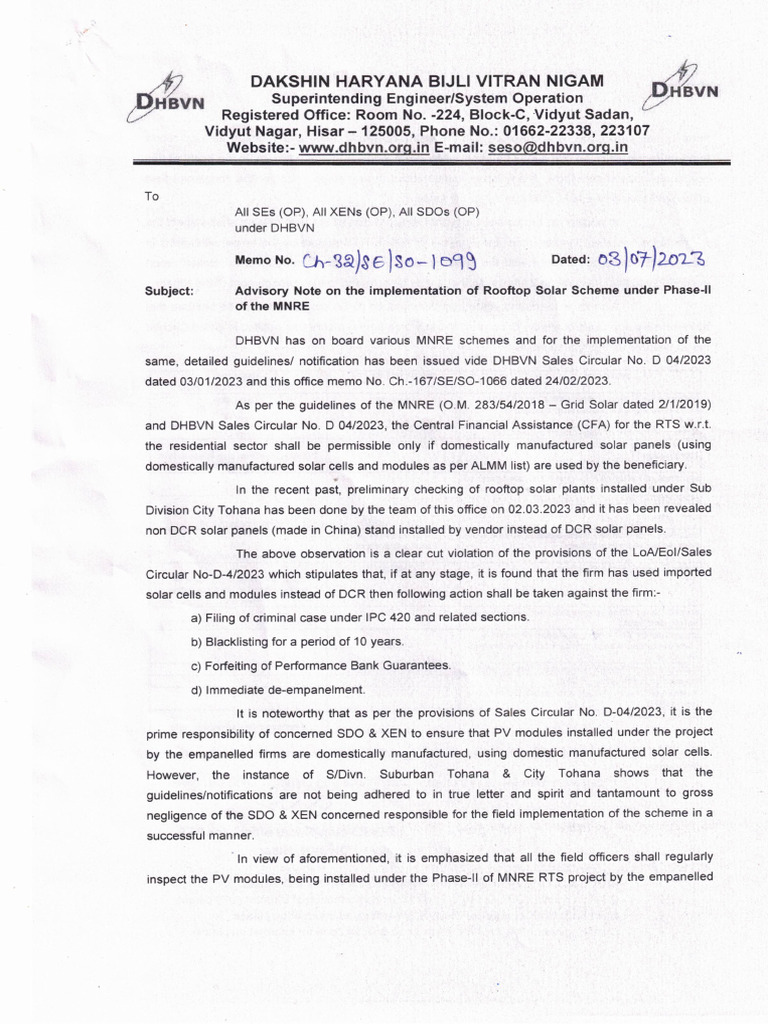 Advisory Note On Rooftop Solar Plants Under Phase II of The MNRE | PDF