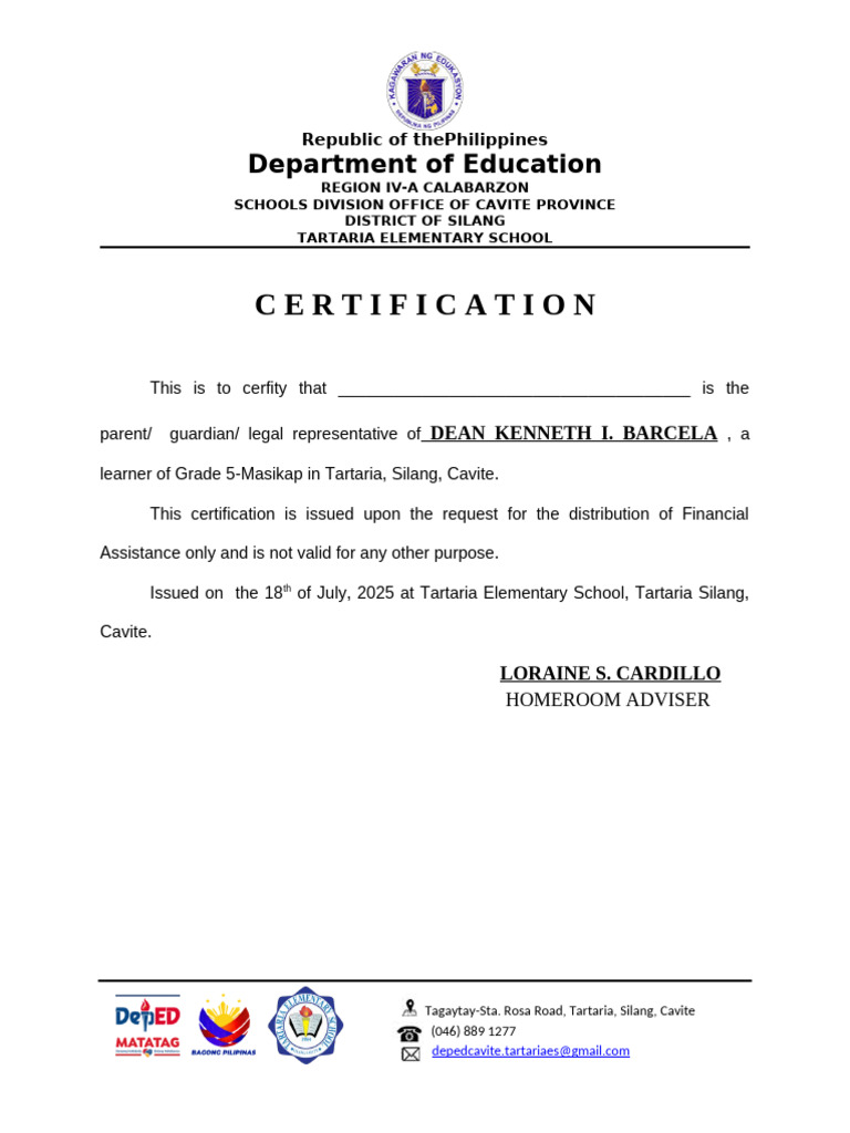 Tartaria Elementary Enrollment Certification | PDF