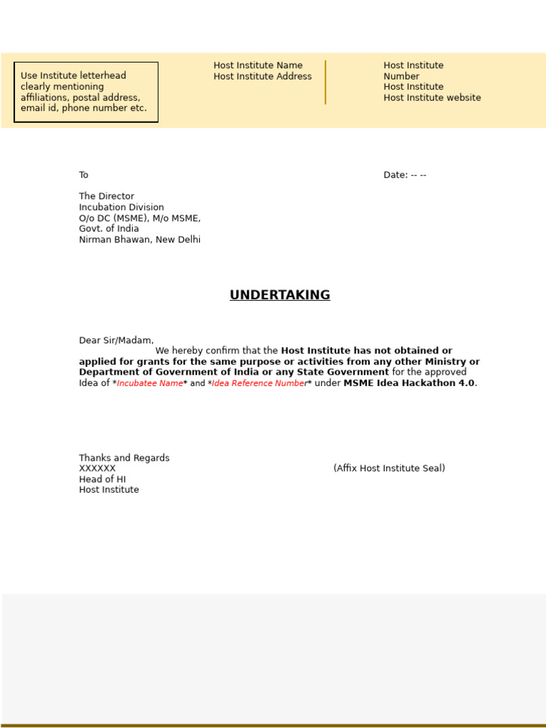 MSME Idea Hackathon Undertaking Letter | PDF