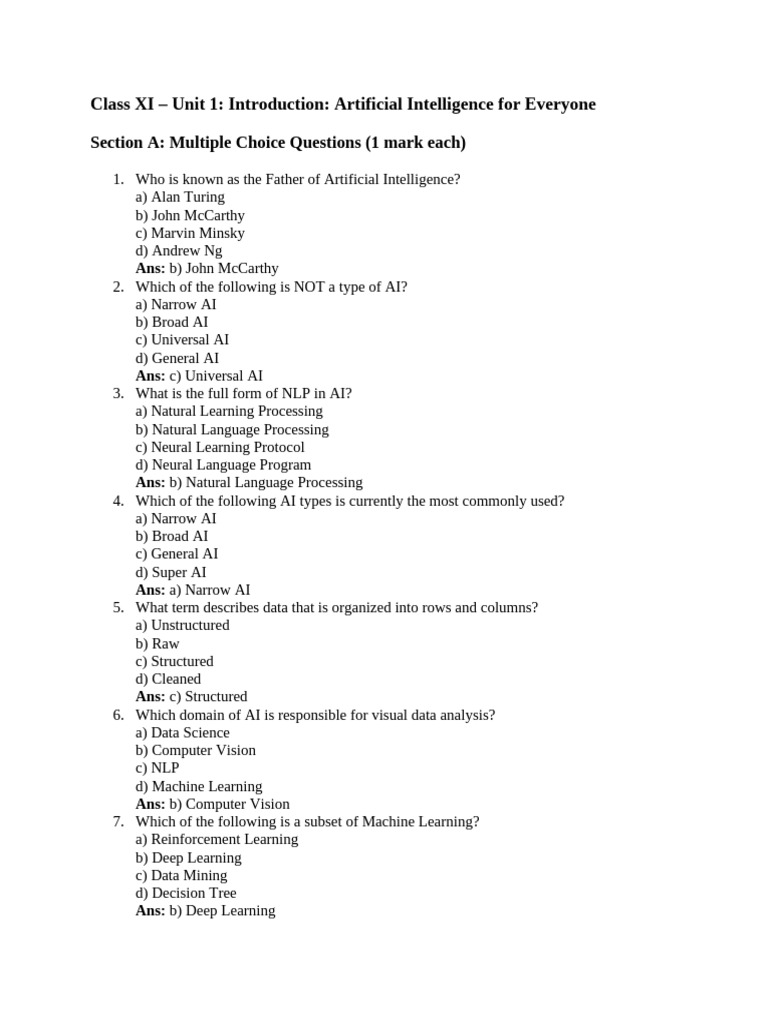 11 AI Sample Test For UT 1 | PDF | Artificial Intelligence ...