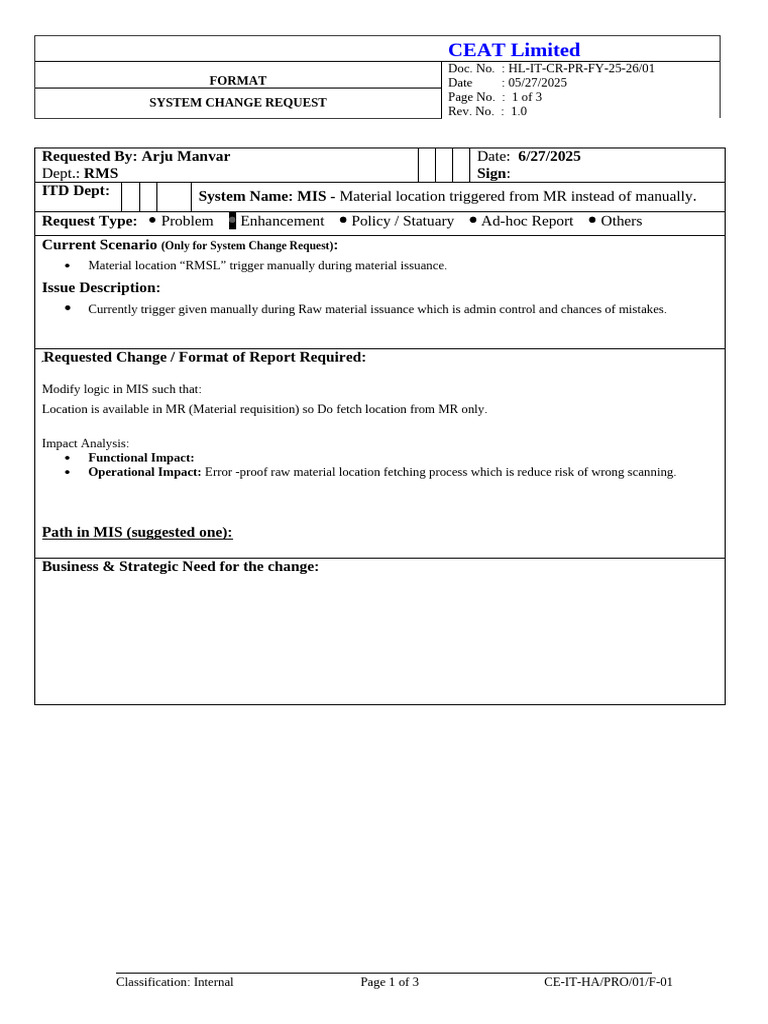 CEAT System Change Request for MIS | PDF | Computing