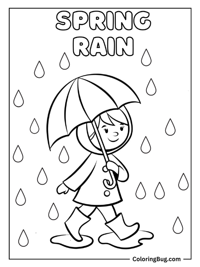 Boy Holding Umbrella During Spring Rain Coloring Sheet | PDF