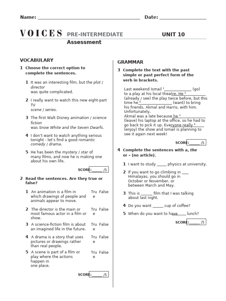 Pre-Intermediate Unit 10 Assessment | PDF