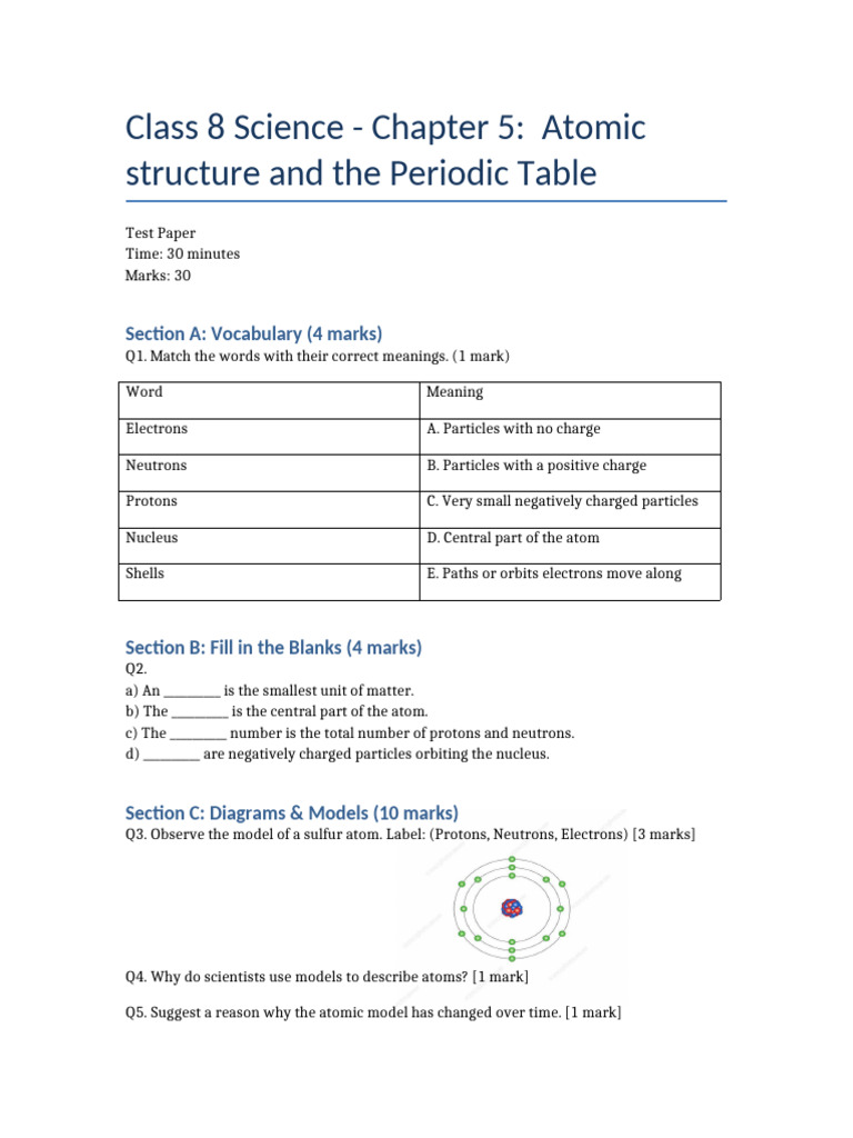 Class 8 Science: Atomic Structure Test | PDF | Atoms | Periodic Table