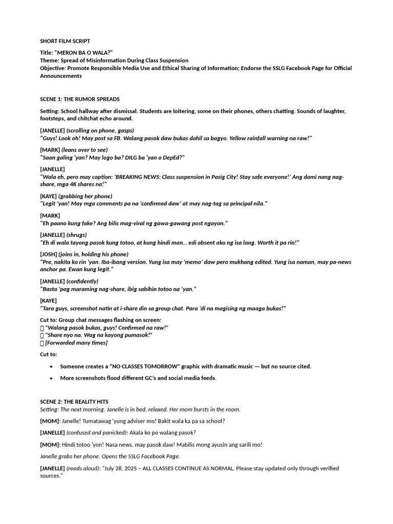 SHORT FILM SCRIPT (JULY 28 FILMING AT SCHOOL) | PDF