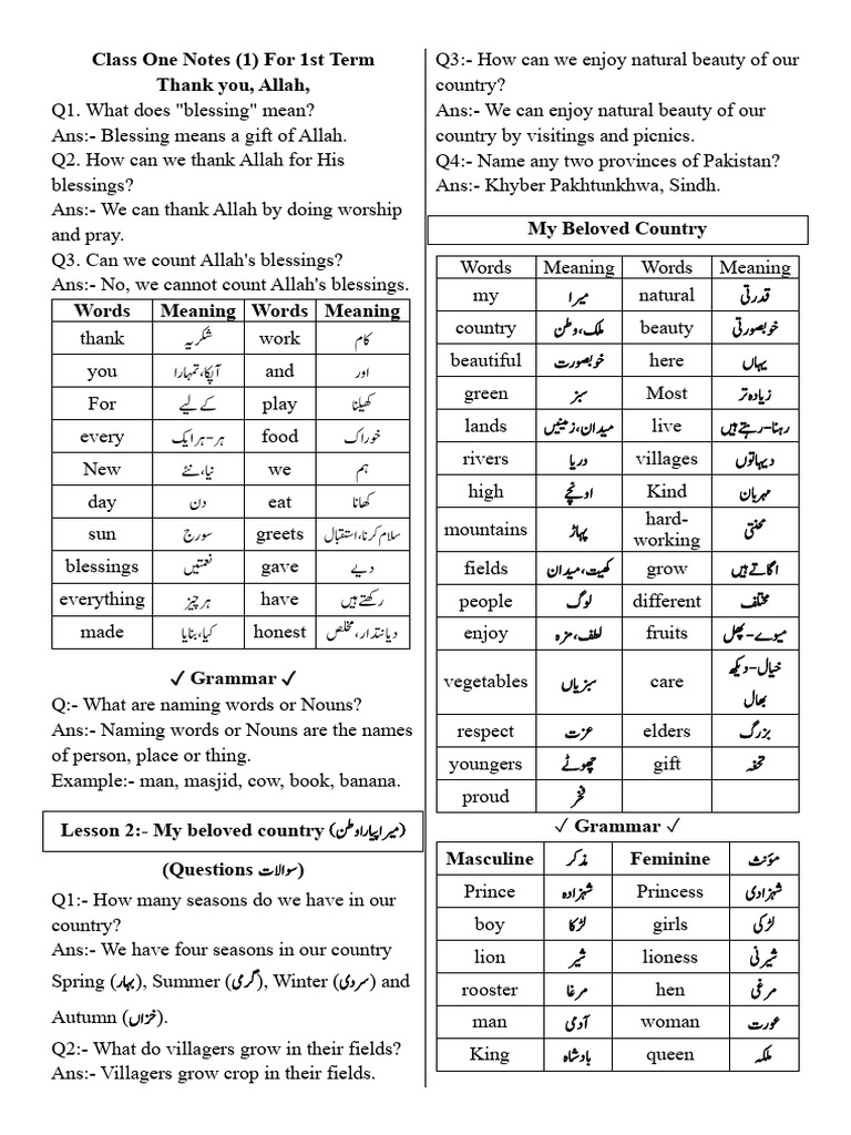 Class One Notes for First Term | PDF | Grammatical Gender | Taste