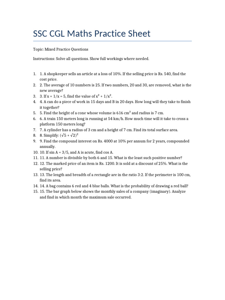 Ssc Cgl Maths Practice Sheet Pdf
