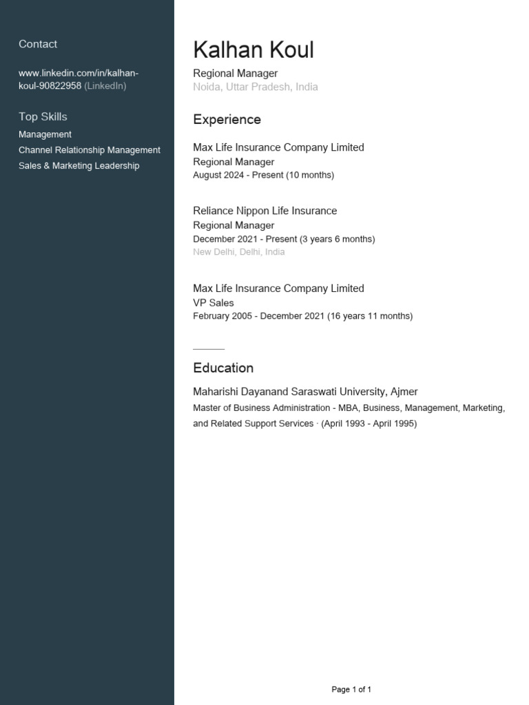 Kalhan Koul: Regional Manager Profile | PDF