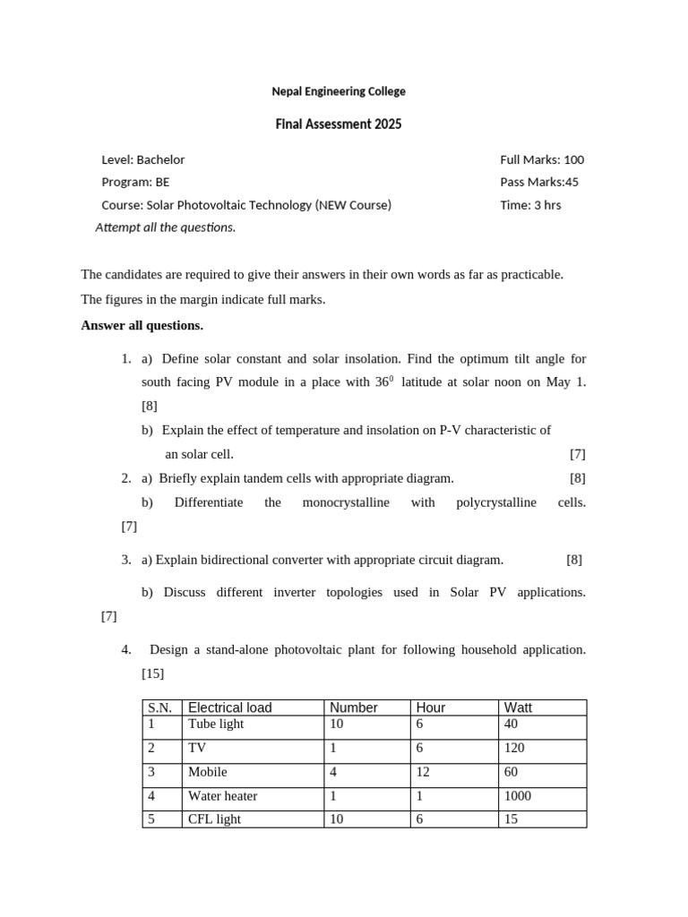 Solar Photovoltaic Technology Exam 2025 | PDF | Photovoltaic System ...