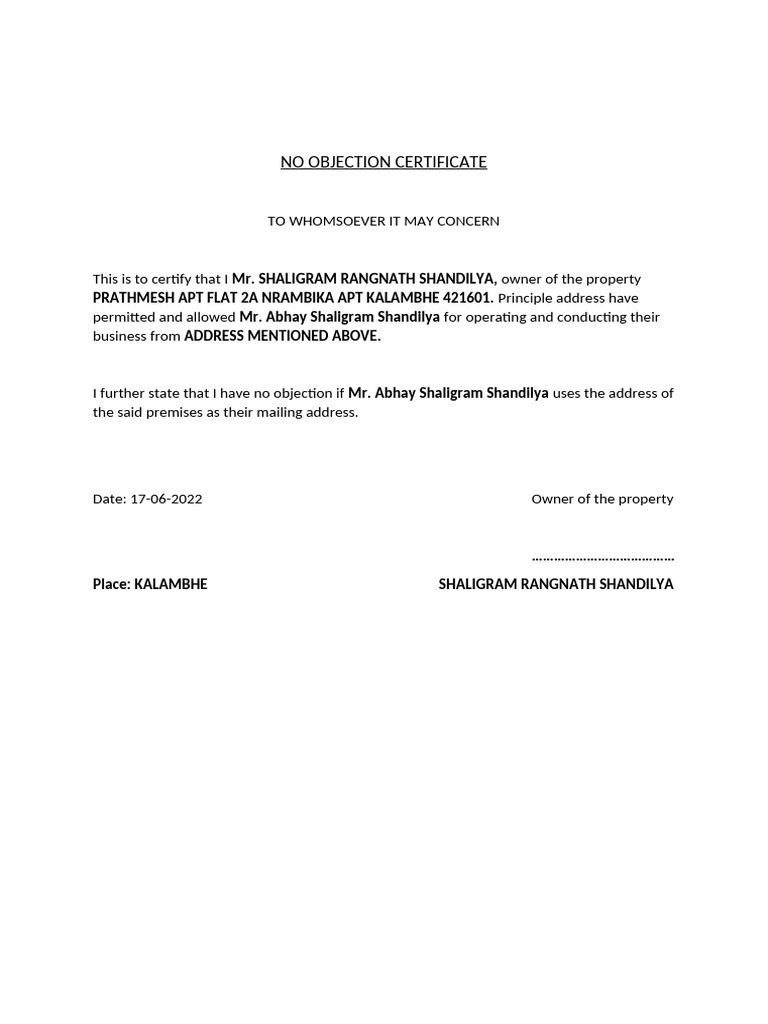 No Objection Certificate for Business Use | PDF