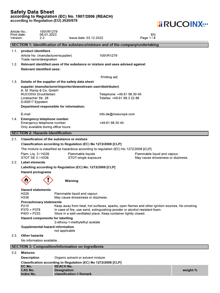 Safety Data Sheet for Printing Aid 100VR1279 | PDF | Dangerous Goods ...