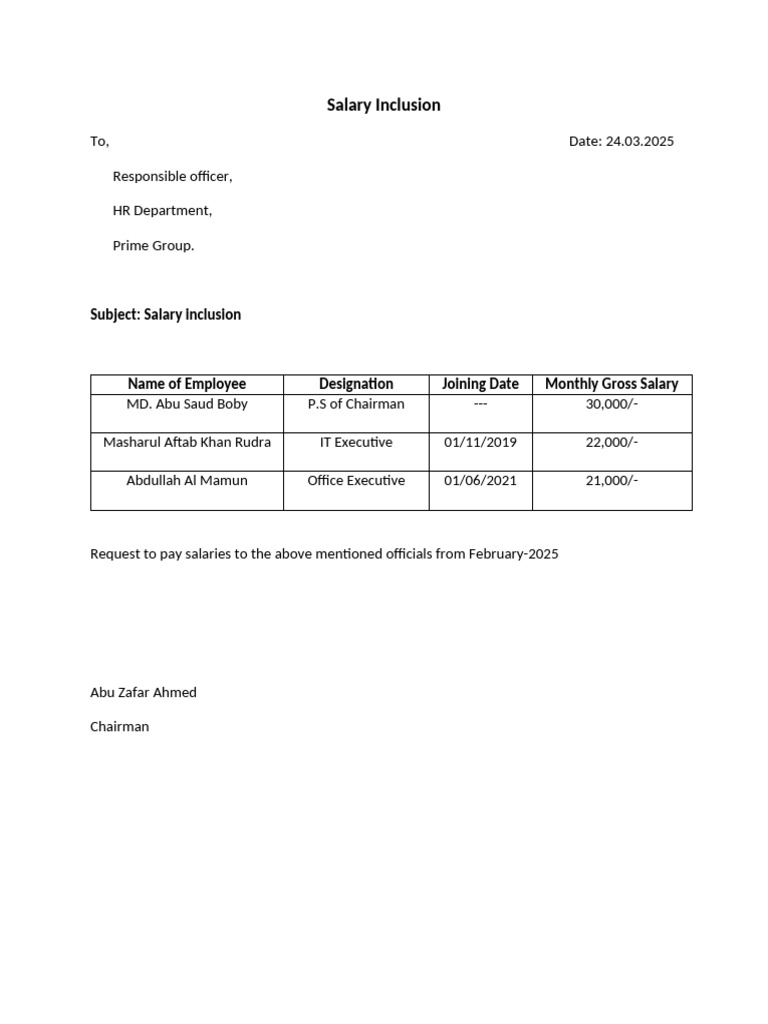 Salary Inclusion Request for Employees | PDF