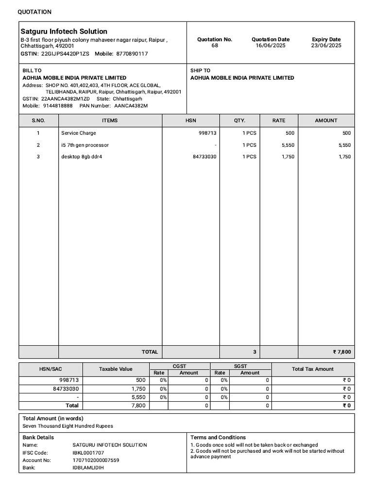 68-Quotation-Aohua Mobile India Private Limited | PDF | Taxation ...