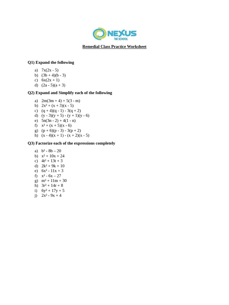 Remedial Class Practice Worksheet | PDF