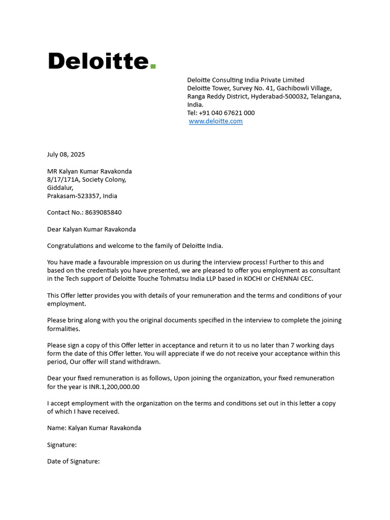 Deloitte Offer Letter for Kalyan Kumar | PDF