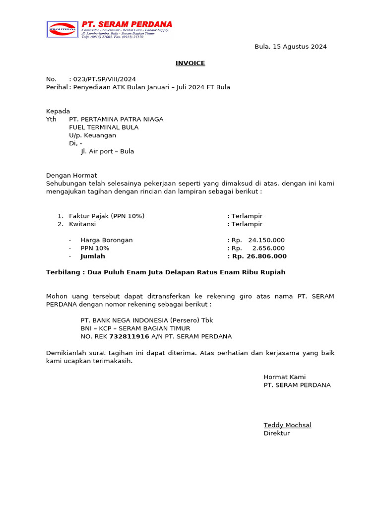 Invoice ATK PT. Pertamina Bula 2024 | PDF