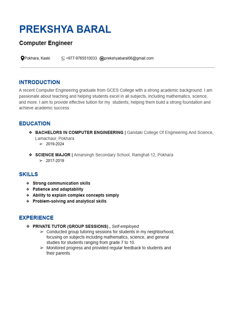 Computer Engineer & Private Tutor Profile | PDF