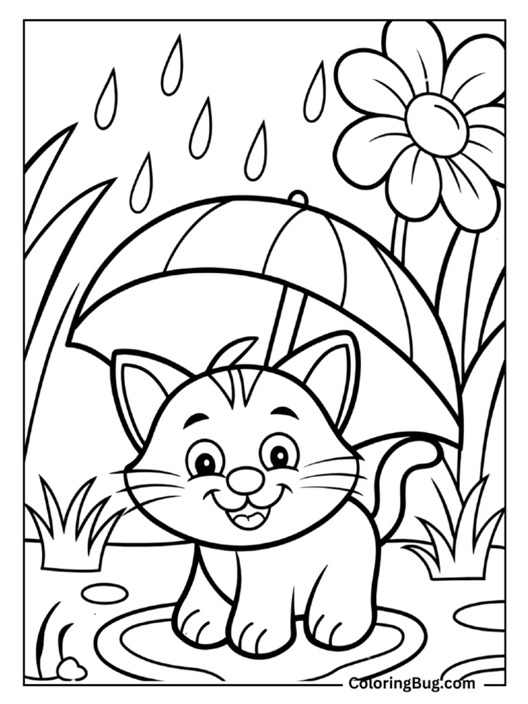 Cat-Sitting-Under-Umbrella-During-Spring-Rain-Coloring-sheet | PDF